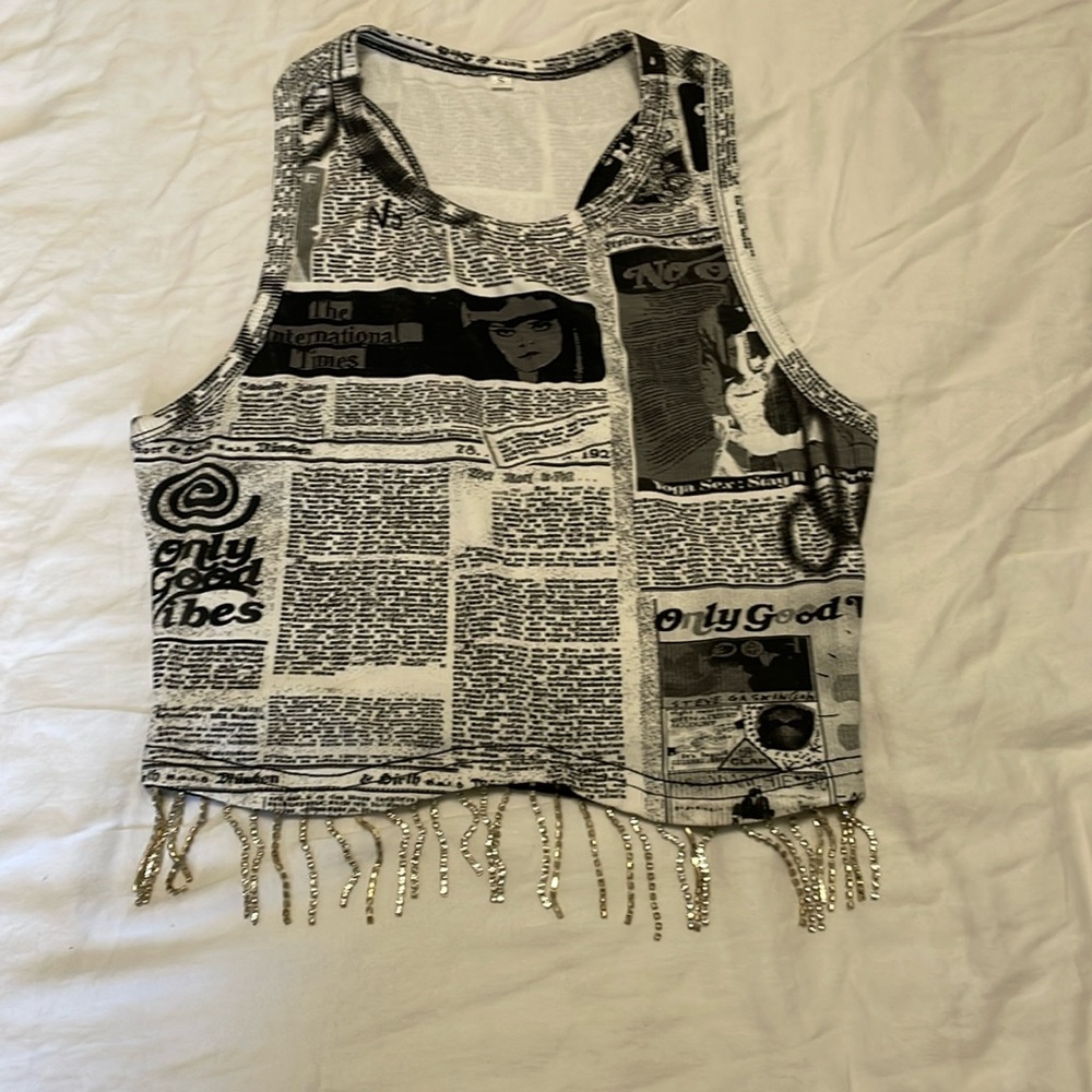 Newspaper Pattern Cropped Tank Top with Silver Diamond Flair